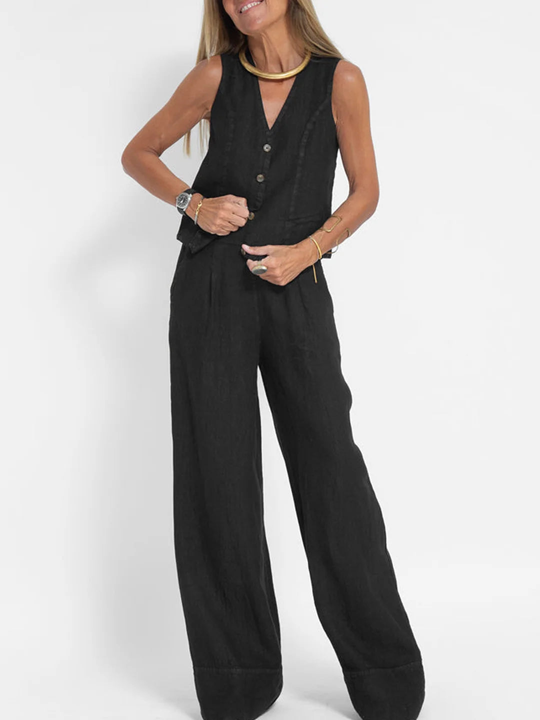 Aira - Buttoned Vest & Wide Pants Set