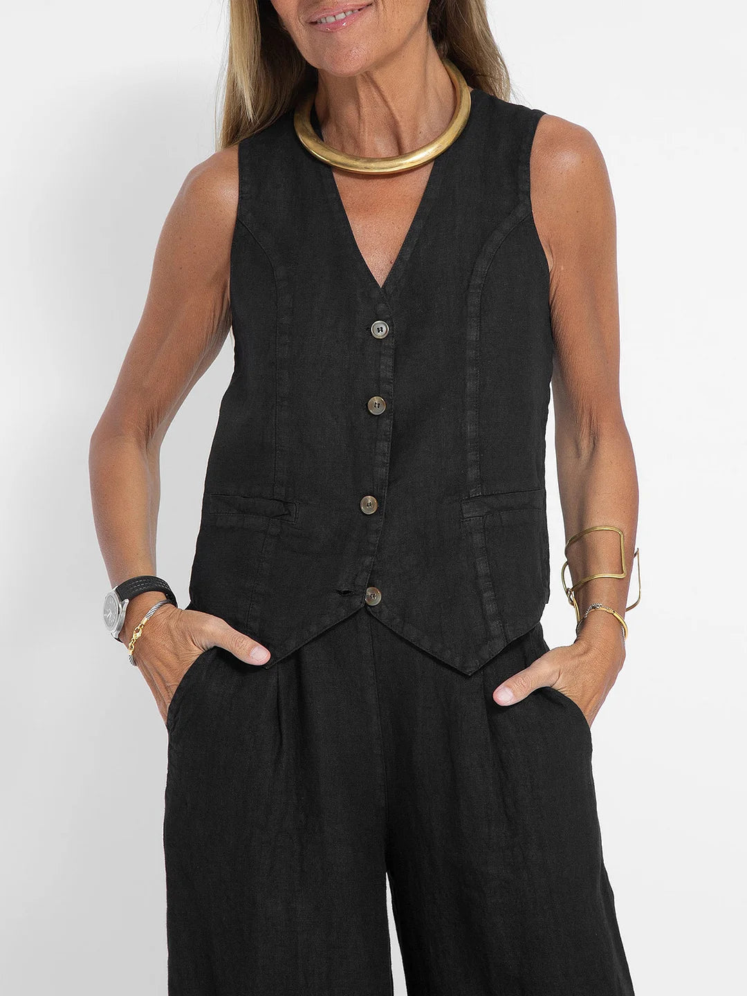 Aira - Buttoned Vest & Wide Pants Set