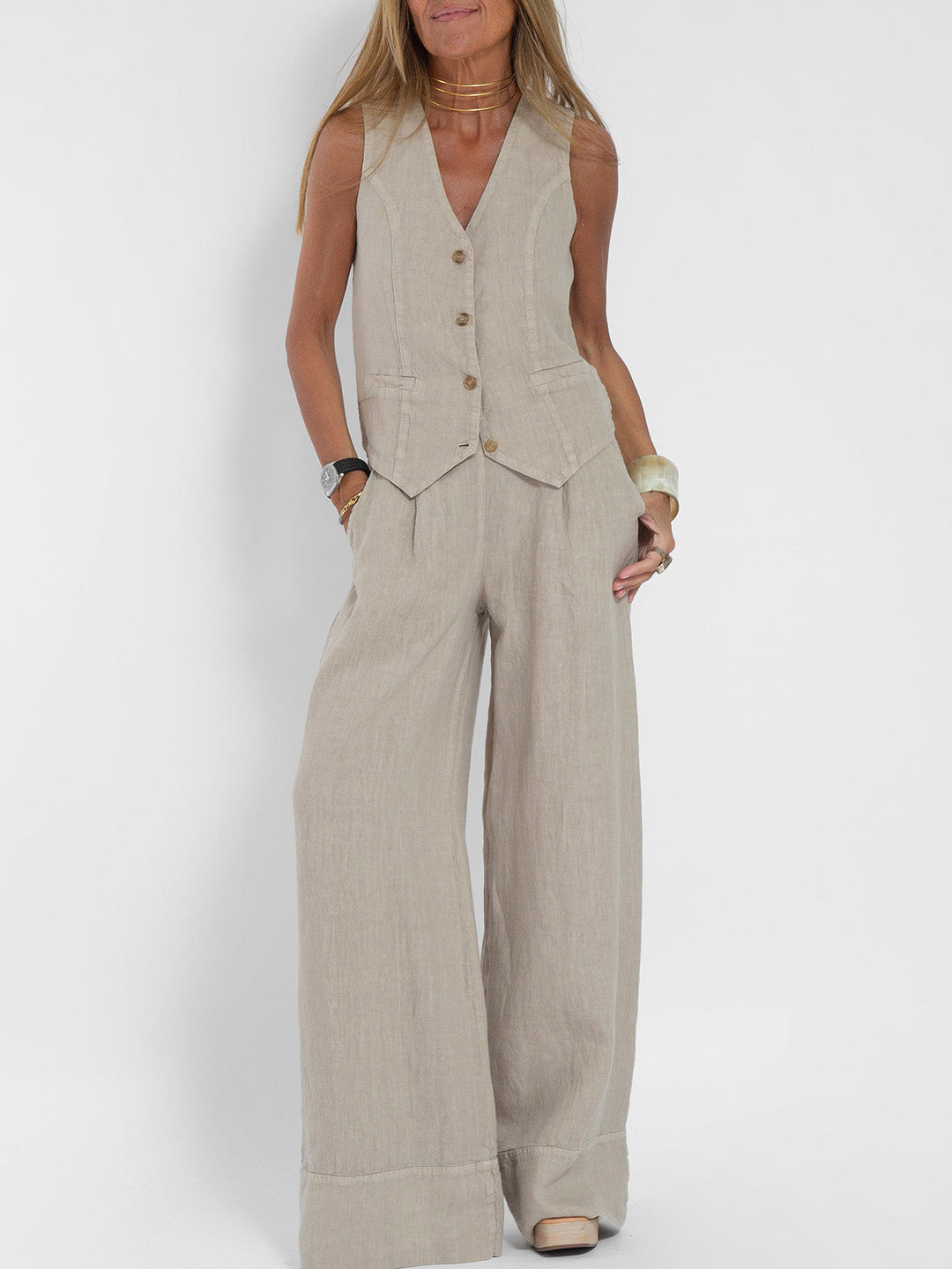 Aira - Buttoned Vest & Wide Pants Set
